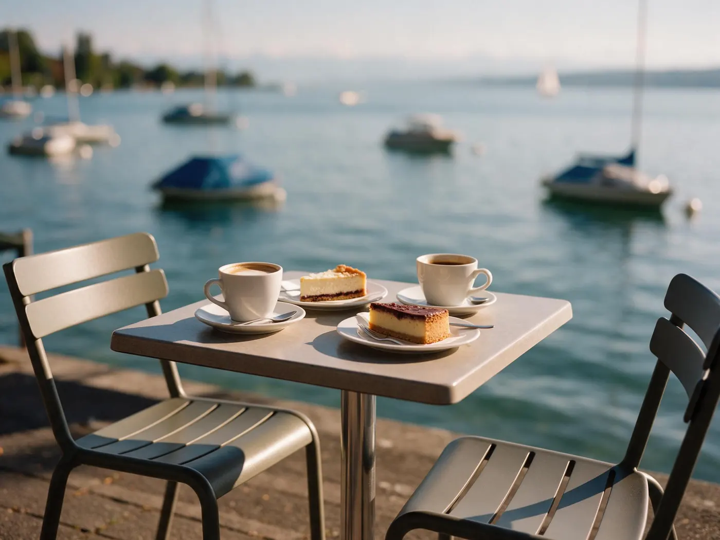 Zwei Kaffeetassen und Kuchen auf einem Tisch am Bodensee
