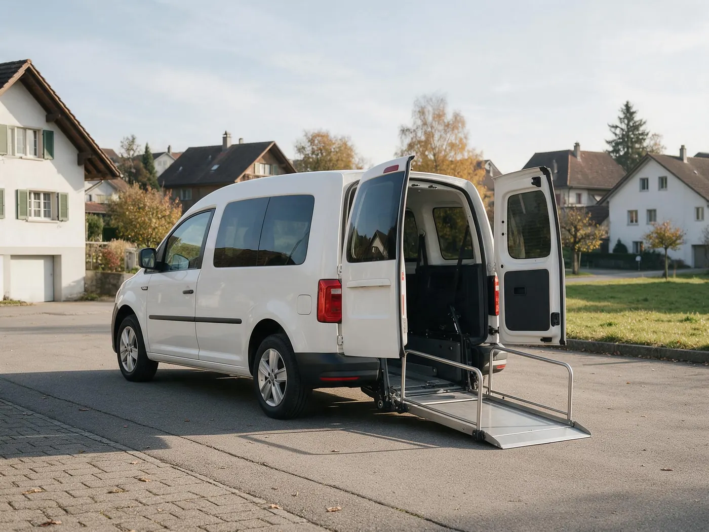 Rollstuhlgerechtes Fahrzeug mit abgesenkter Hebebühne am Heck
